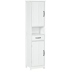 Kleankin Slim Bathroom Storage Cabinet, Tall Linen Tower with Open Shelf, Drawer, Recessed Doors & Adjustable Shelves, White