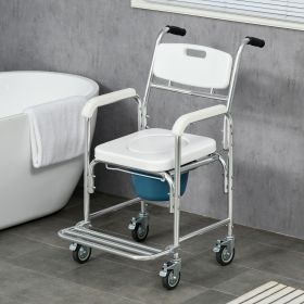 3-In-1 Shower Wheelchair, Transport Beside Commode Chair, Waterproof Rolling, 330 lbs Weight Capacity with Padded Seat, White